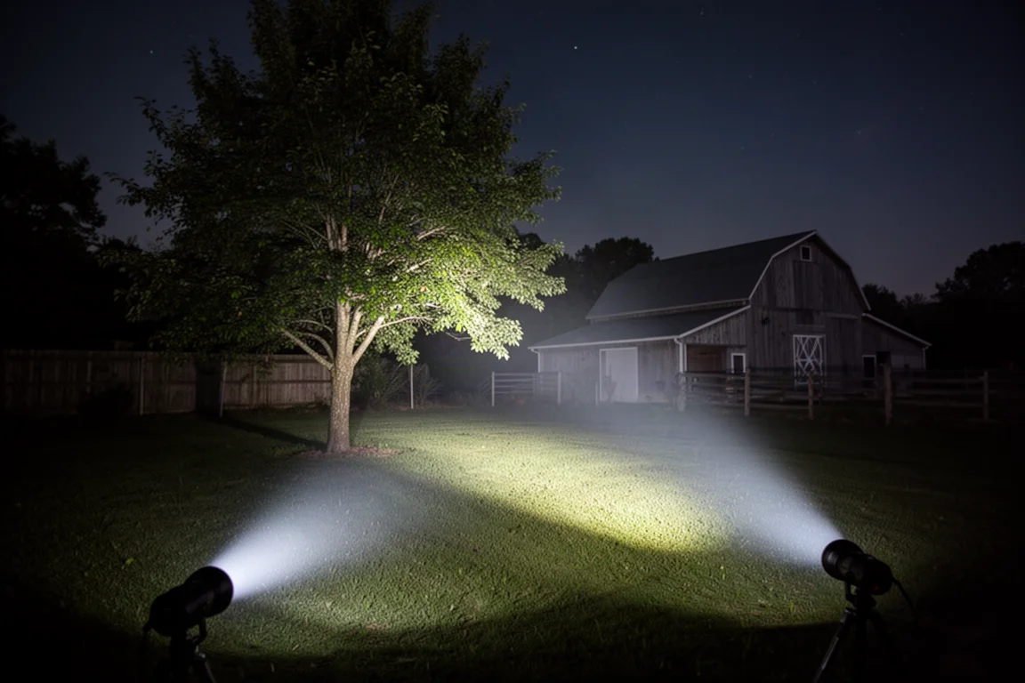 Flashlight beam illuminating a dark backyard with a tree and outbuilding in the distance
