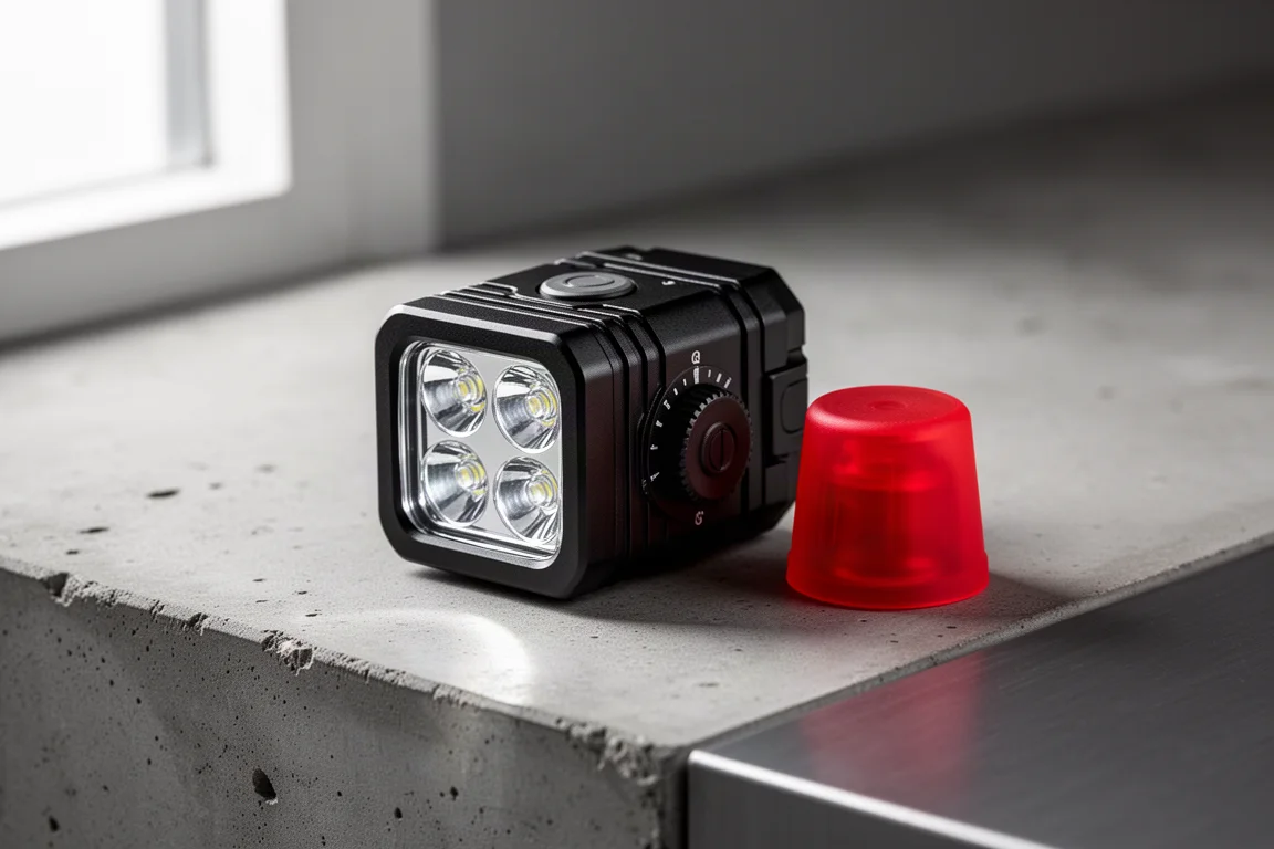 Torcia compatta nera con diffusers rosso su una superficie in cemento