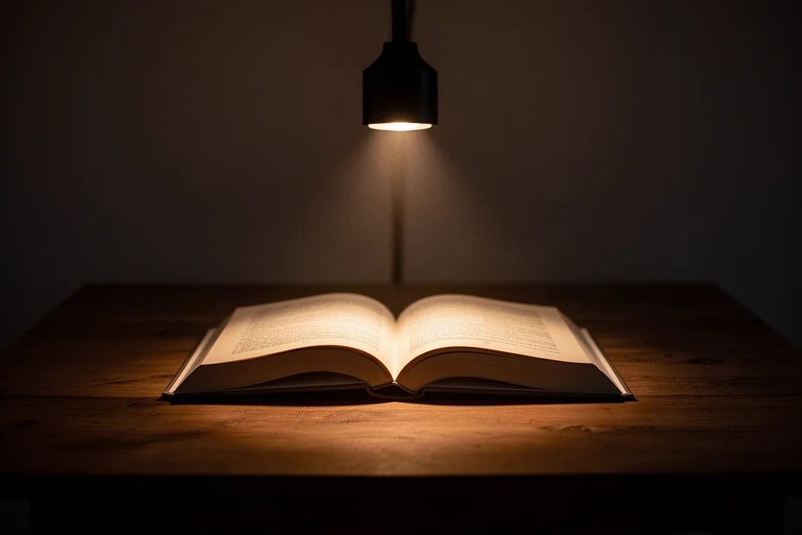 Haz cálido de luz de luna iluminando un libro sobre una mesa de noche