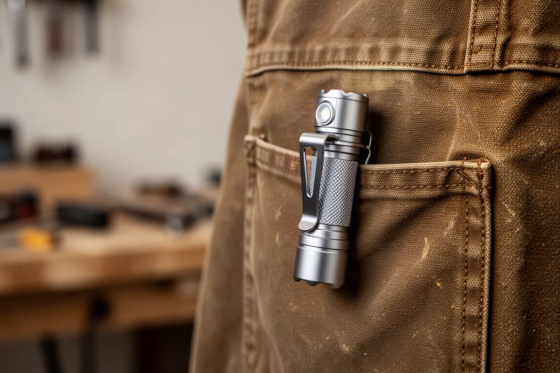 Linterna sujetada con clip dentro del bolsillo de una chaqueta, con el clip visible