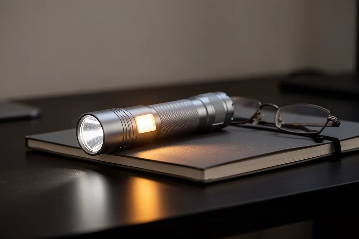 Linterna emitiendo una suave luz lateral de color sobre un escritorio