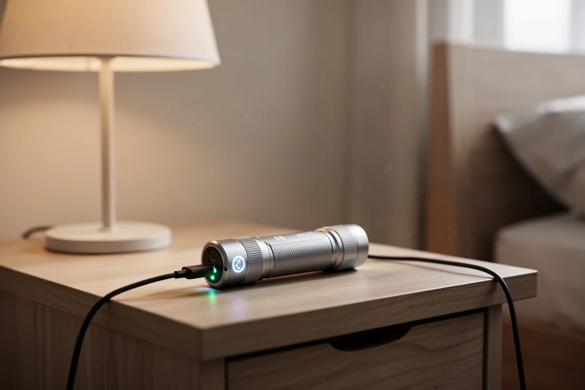 Cable USB-C cargando una linterna sobre una mesita de noche