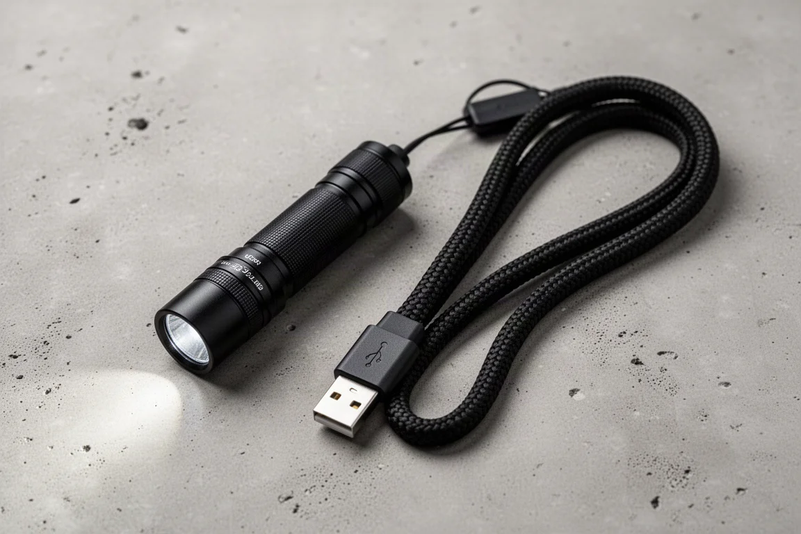 Linterna EDC compacta sobre un escritorio junto a un cable de carga trenzado