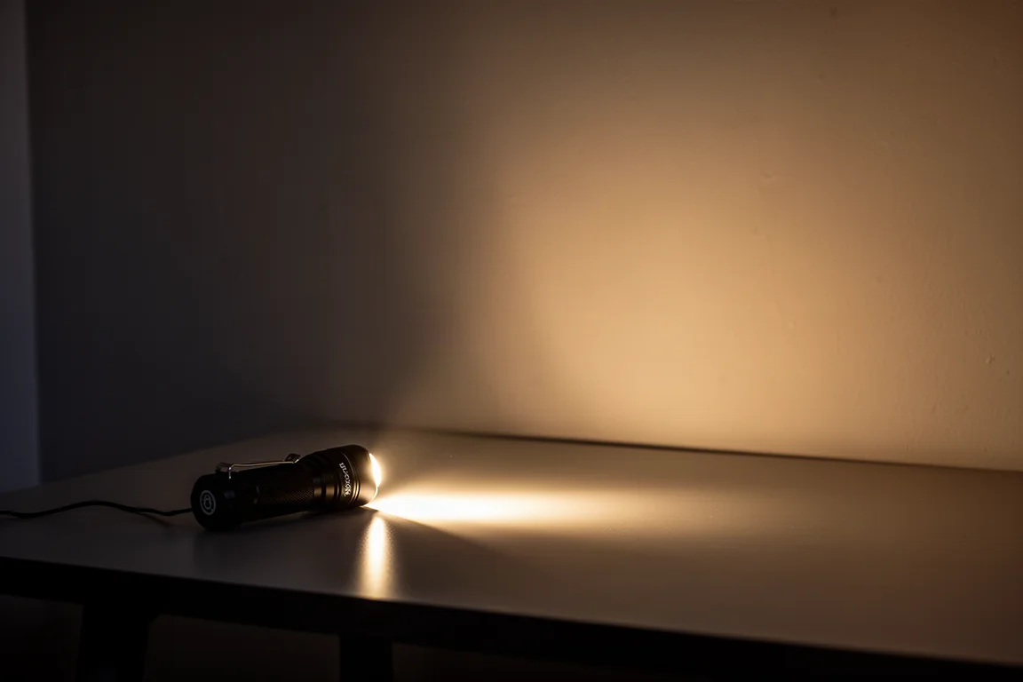 Haz de luz de la linterna atravesando una habitación oscura, iluminando suavemente una pared