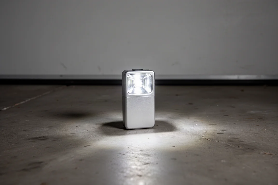 Lanterna em pé sobre o piso de uma garagem projetando uma poça de luz
