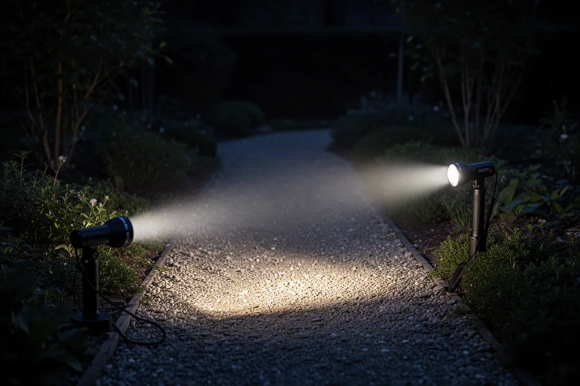 Feixe de lanterna iluminando um caminho escuro no jardim à noite