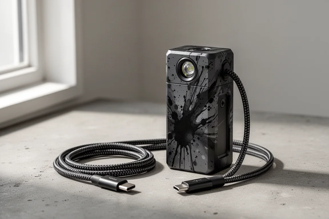 Wubin X2 EDC flashlight with lanyard charging cable on concrete surface