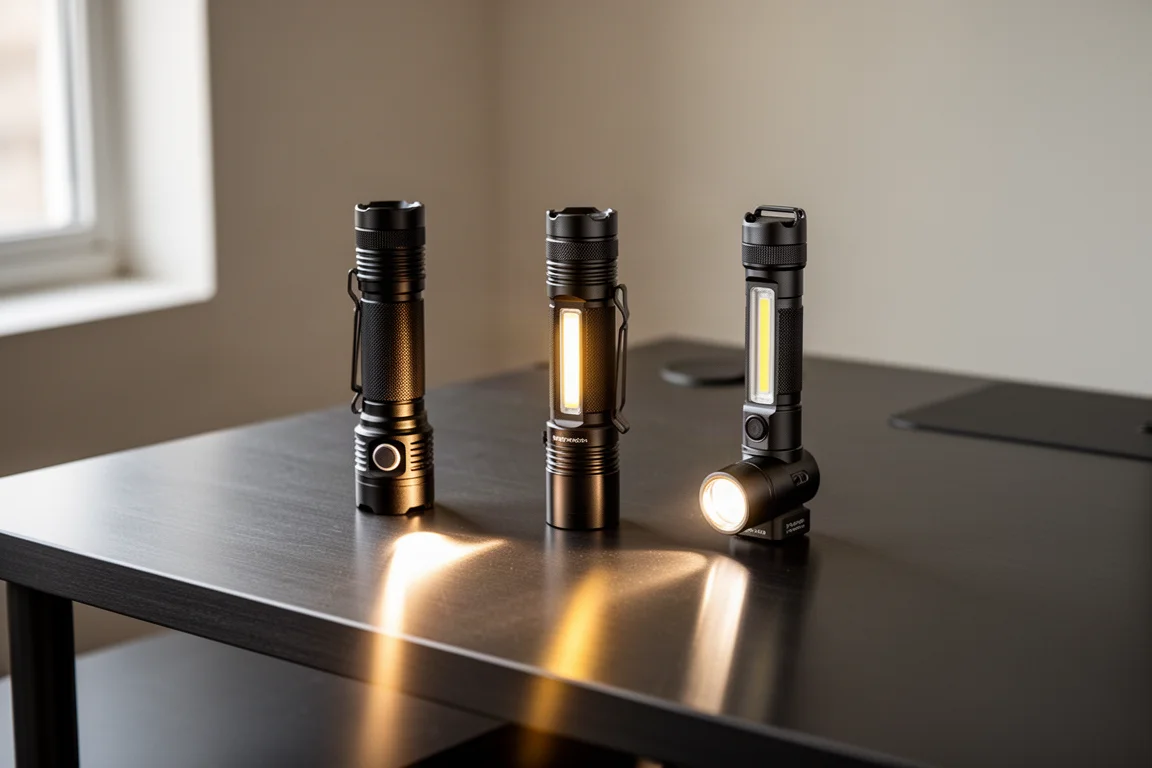 Drei moderne LED-Taschenlampen bei weichem Licht in einer Reihe auf dunklem Schreibtisch