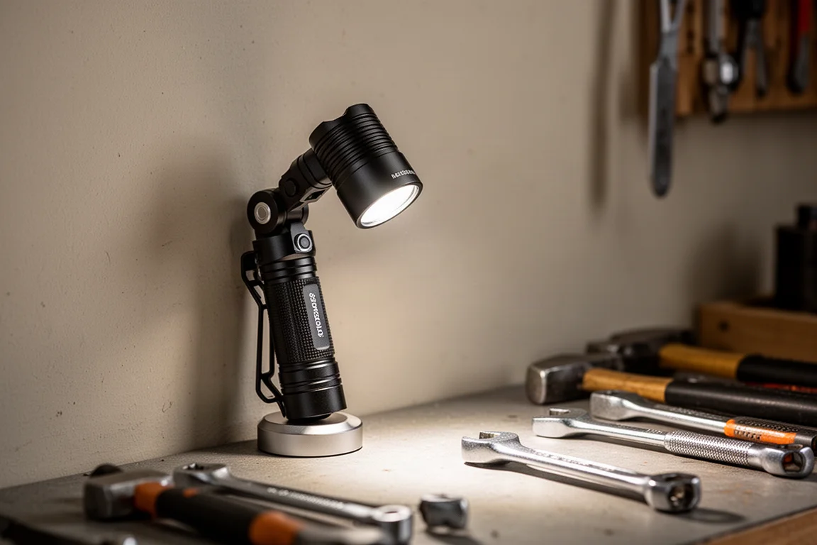 Taschenlampe mit schwenkbarem Kopf an einer Wand montiert, die einen Arbeitsbereich ausleuchtet