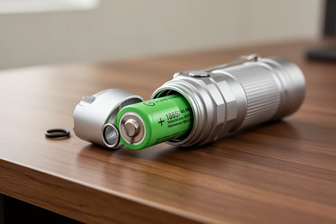 單手旋開手電筒筒頭,露出內部的 18650 電池