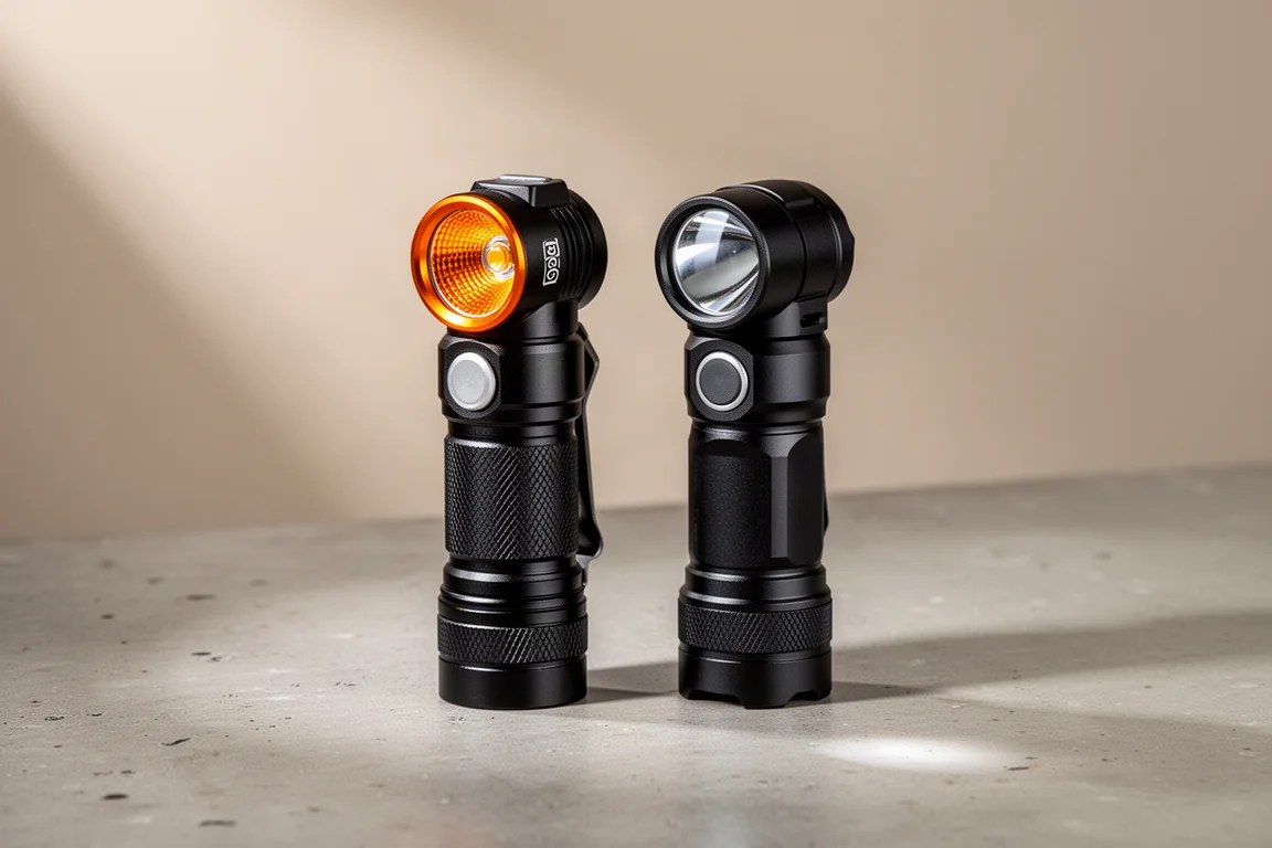 Two compact aluminium flashlights side by side on a concrete surface