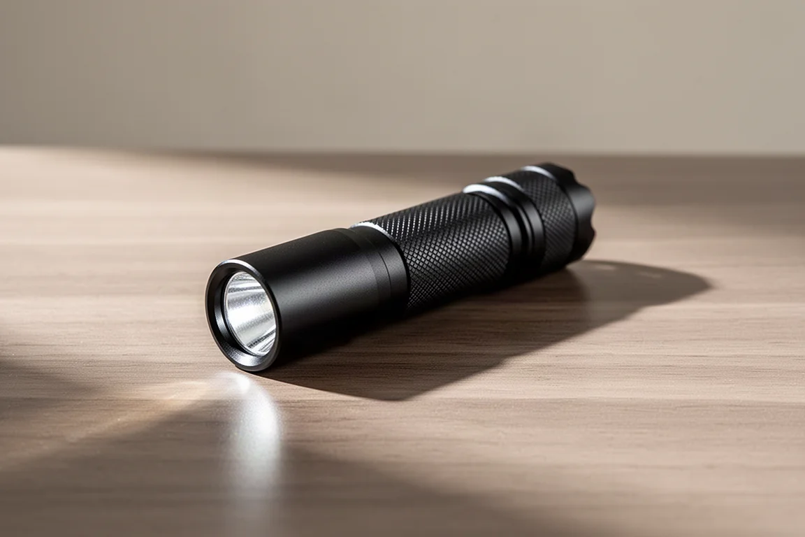 Matte black compact LED flashlight lying on a brushed wood desk in soft window light