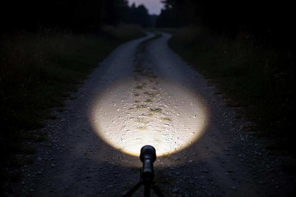 Tight concentrated flashlight beam projecting a bright hotspot across a dark gravel path