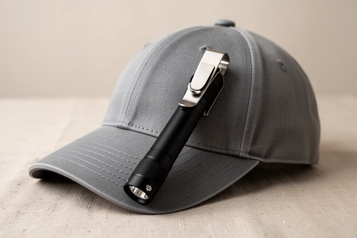 Flashlight clipped to the brim of a baseball cap for hands-free use