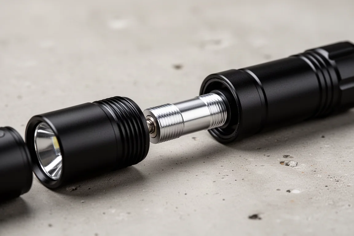 Short 18350 battery tube screwed between flashlight head and tail cap on a desk