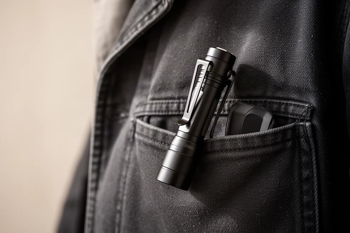 Slim flat EDC flashlight clipped to the edge of a jacket pocket