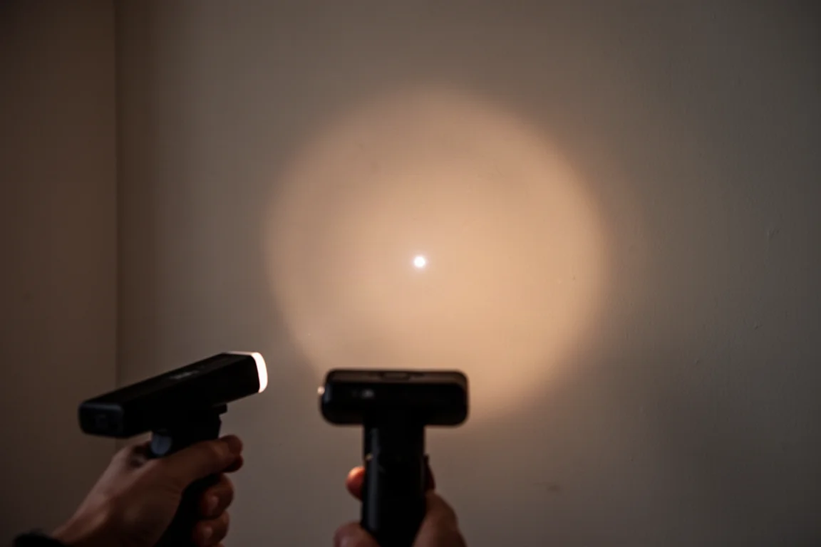 Close-up of a small laser dot and lit surface at distance in dim surroundings