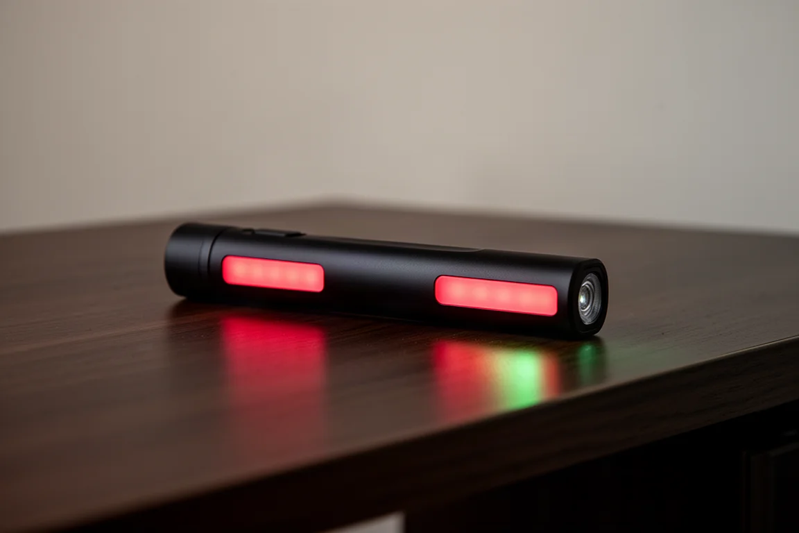 Flat flashlight glowing with red and green side light colors on a dark desk