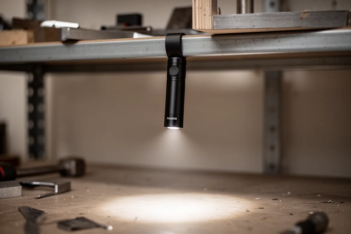 Flashlight magnetically attached to a metal shelf casting downward light