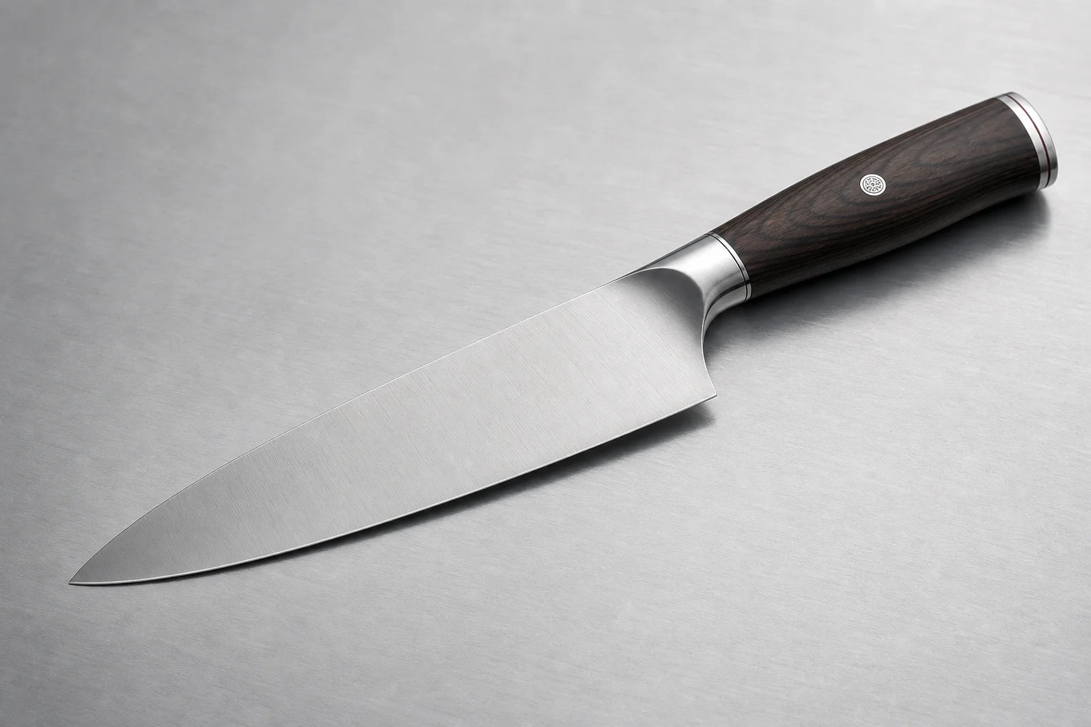 Five chef knives arranged in a row showing different handle styles and blade designs