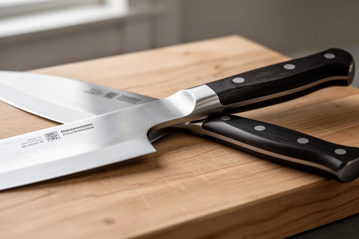 Close-up of a forged knife blade meeting a full bolster near the handle