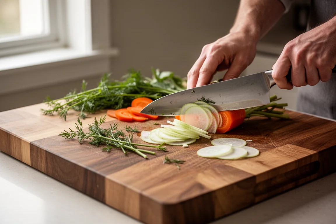 Cook slicing vegetables on a wooden cutting board in a bright kitchen