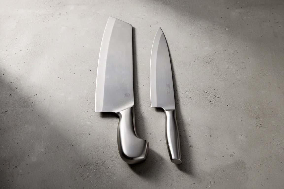 Two chef's knives side by side showing a difference in weight and blade thickness