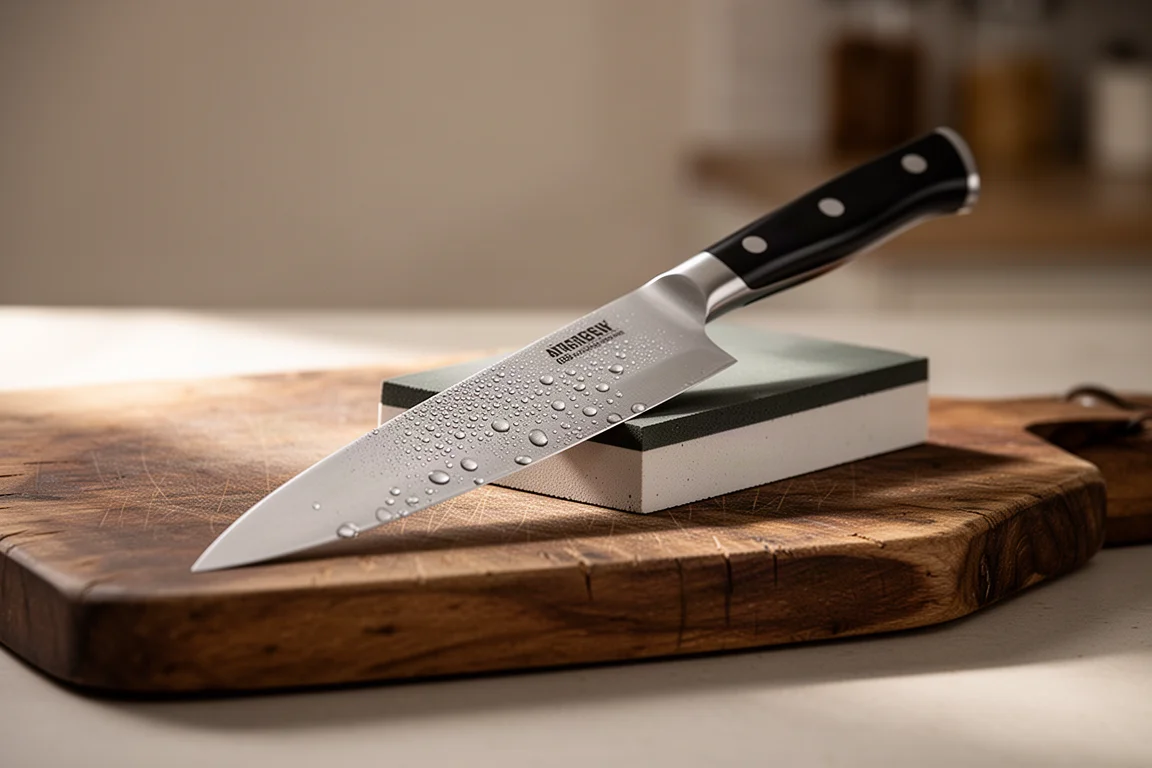 Knife sharpening on a whetstone beside a cutting board