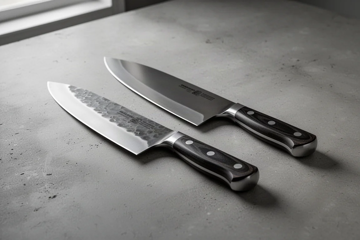 Two Wusthof chef's knives side by side on a concrete kitchen surface