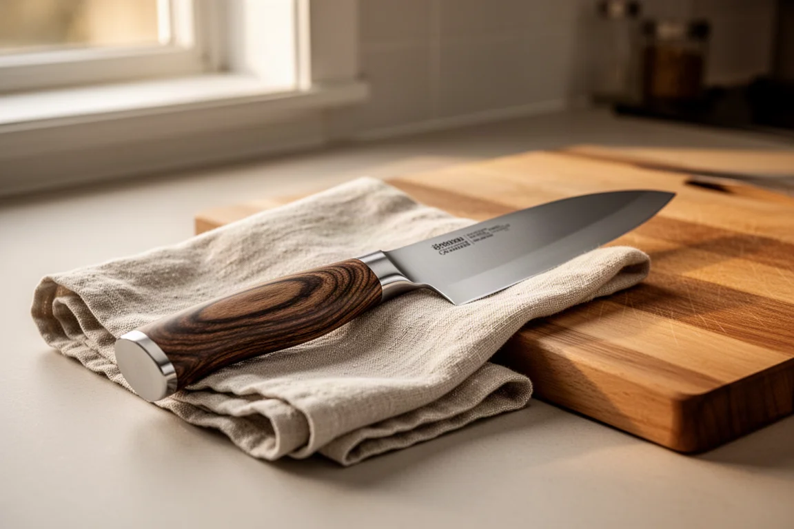 Elegantes Kochmesser mit dunklem Holzgriff auf einem Leinentuch