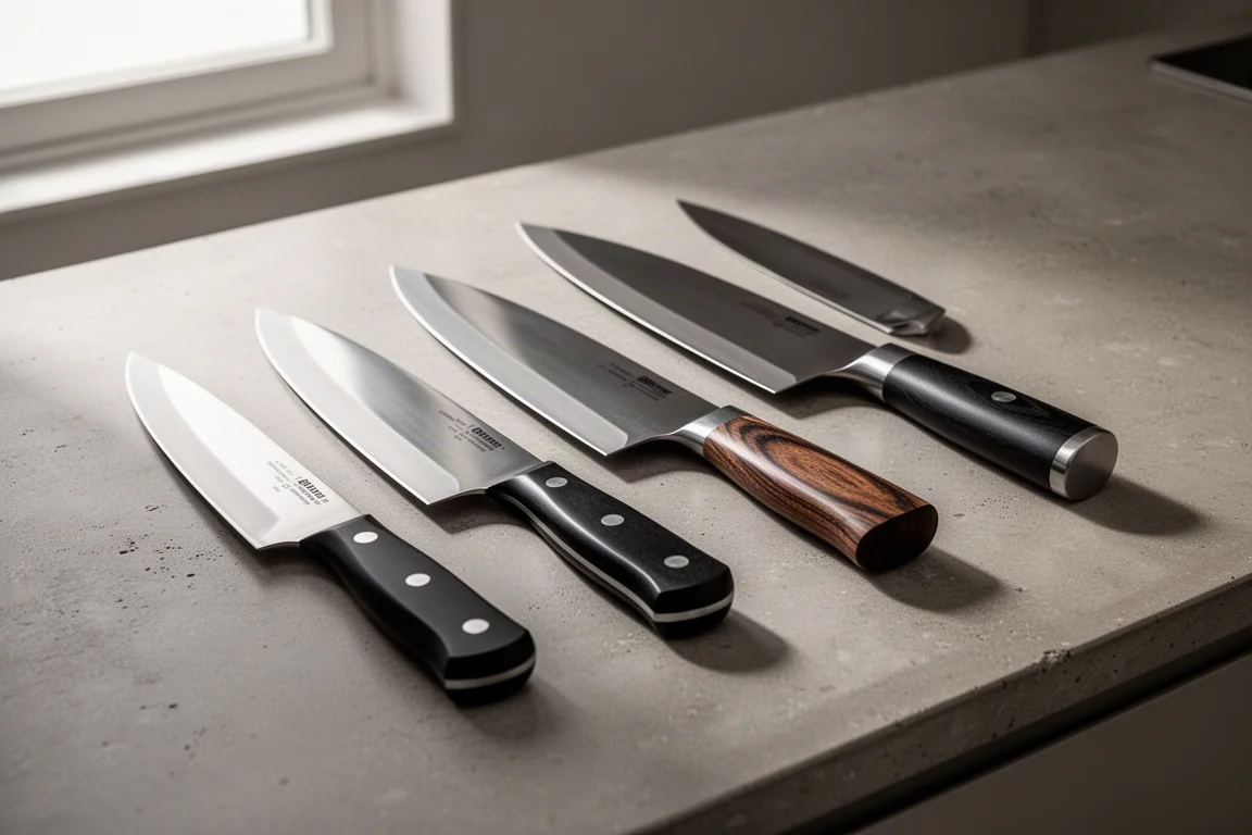 Lineup of chef's knives with polymer and wooden handles on a concrete counter