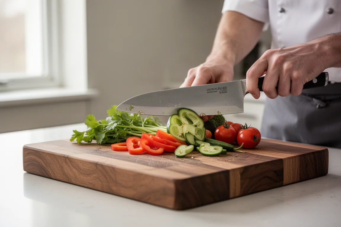 Chef slicing vegetables on a wooden cutting board in a bright kitchen