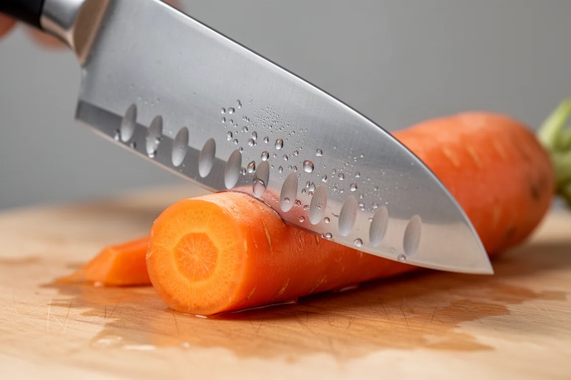 Close-up of a Granton edge blade with dimples cutting through a carrot