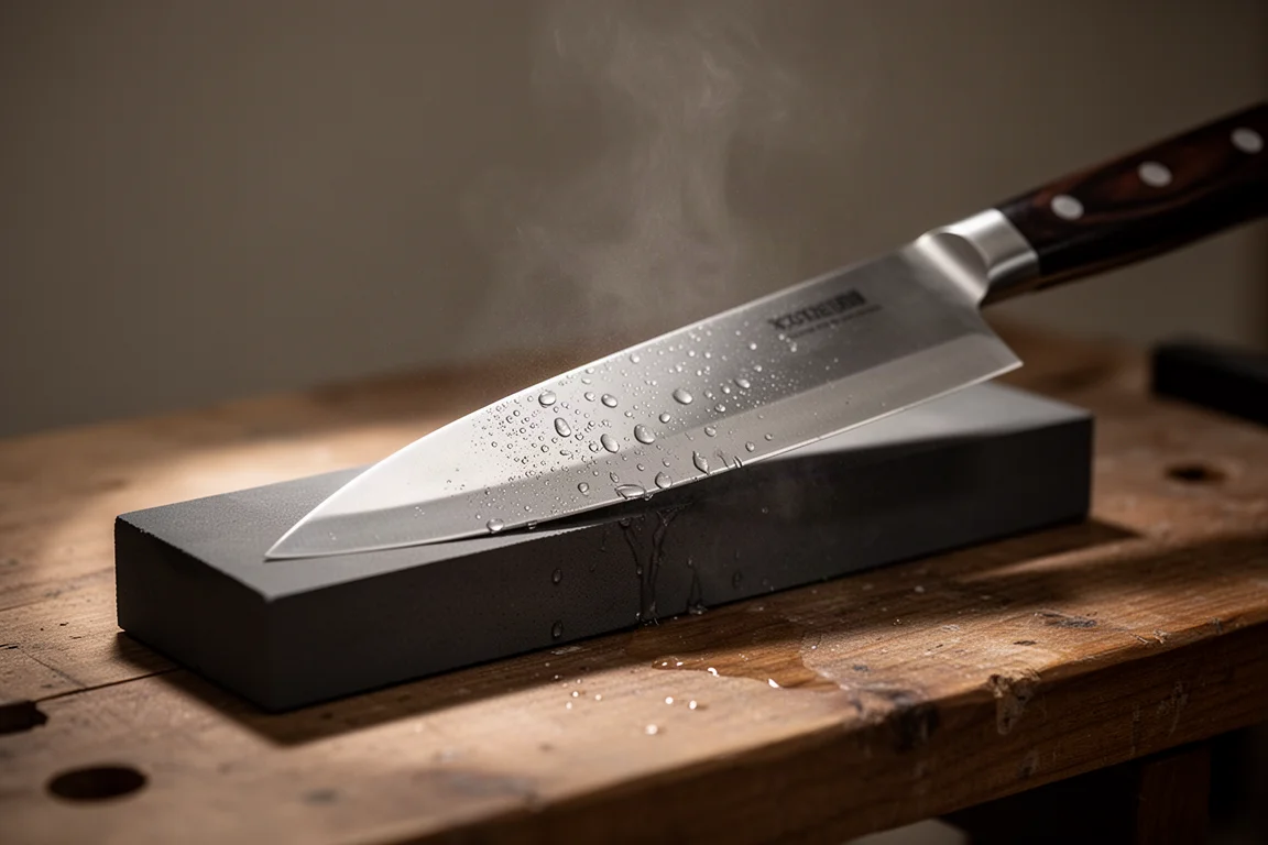 Knife blade being sharpened on a whetstone in a dim workshop