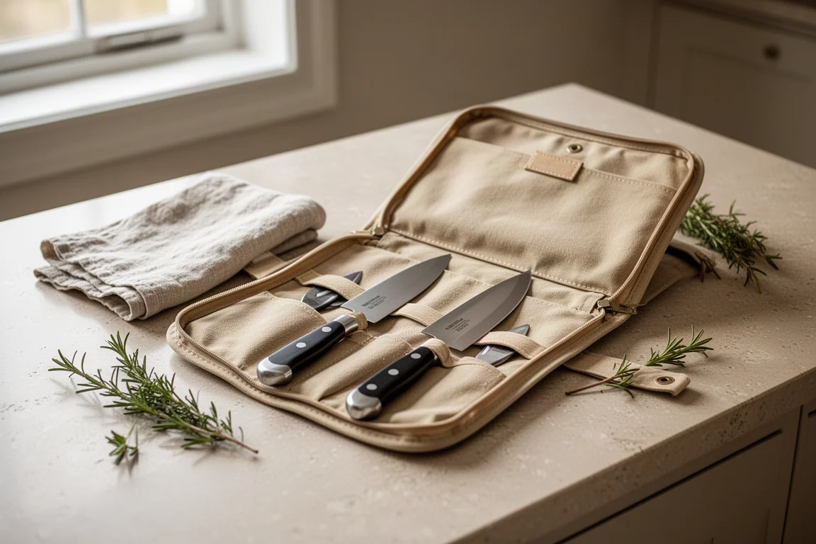 Cook's knife roll open on a kitchen counter with knives laid out