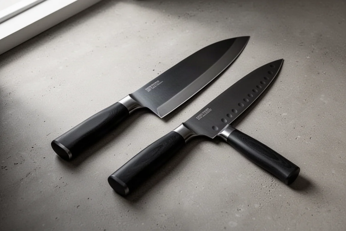 Two chef's knives side by side on a matte concrete surface