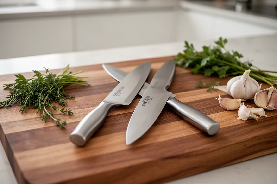Two chef's knives side by side on a kitchen counter with fresh herbs nearby