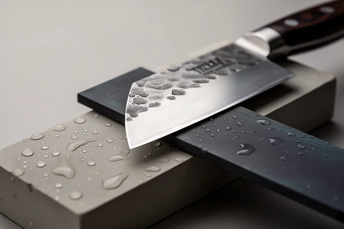 Close-up of a knife heel and bolster being sharpened on a whetstone