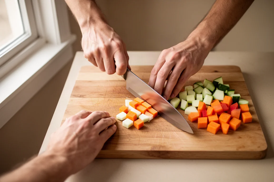Chef using a wide blade to scoop chopped ingredients into a pan