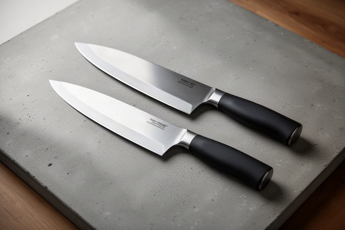 Two 8-inch chef's knives with forged blades lying parallel on a concrete surface