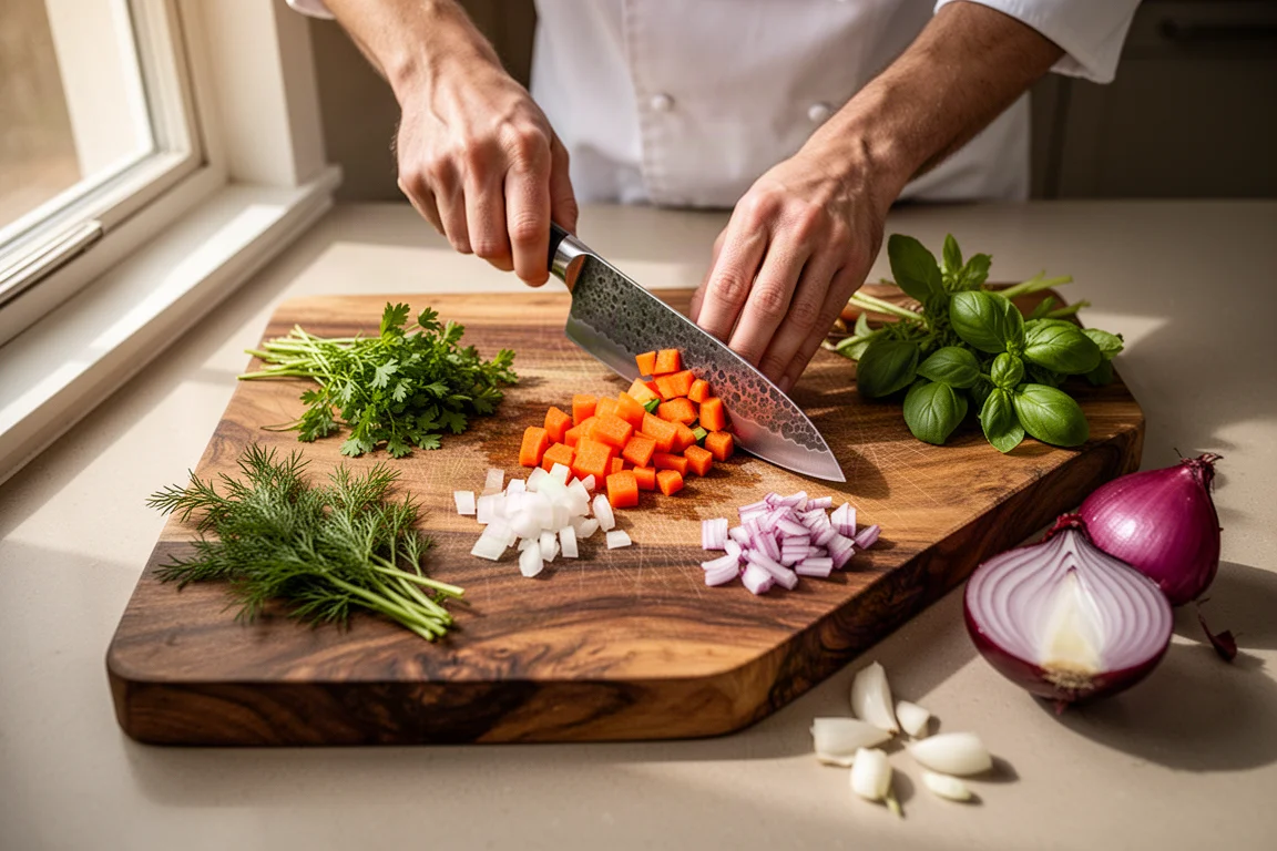 Chef dicing vegetables on a wooden cutting board with a German chef's knife