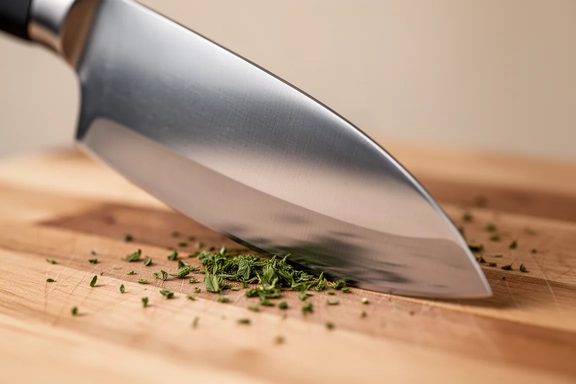 Close-up of a chef's knife blade edge meeting a cutting board during a rocking cut