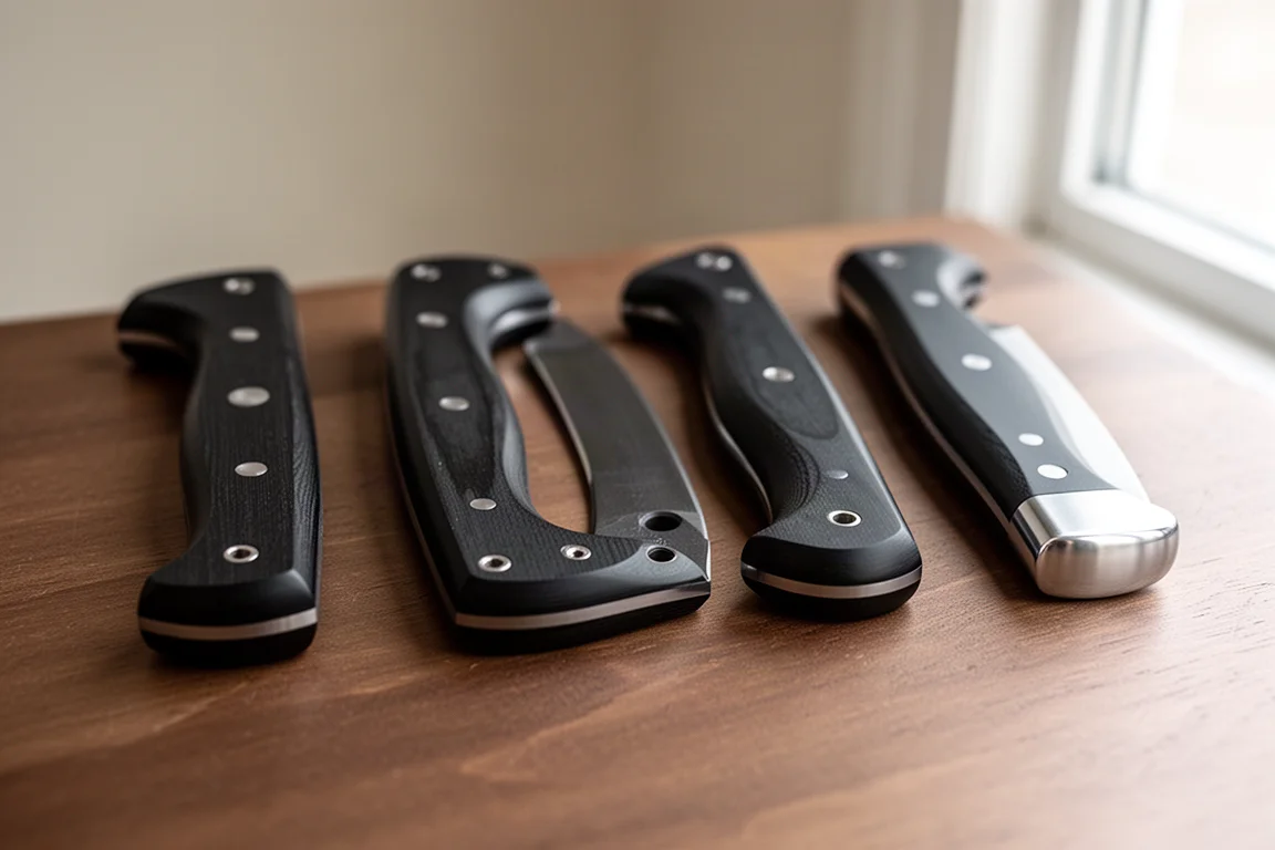Four black knife handles side by side showing different shapes and end caps