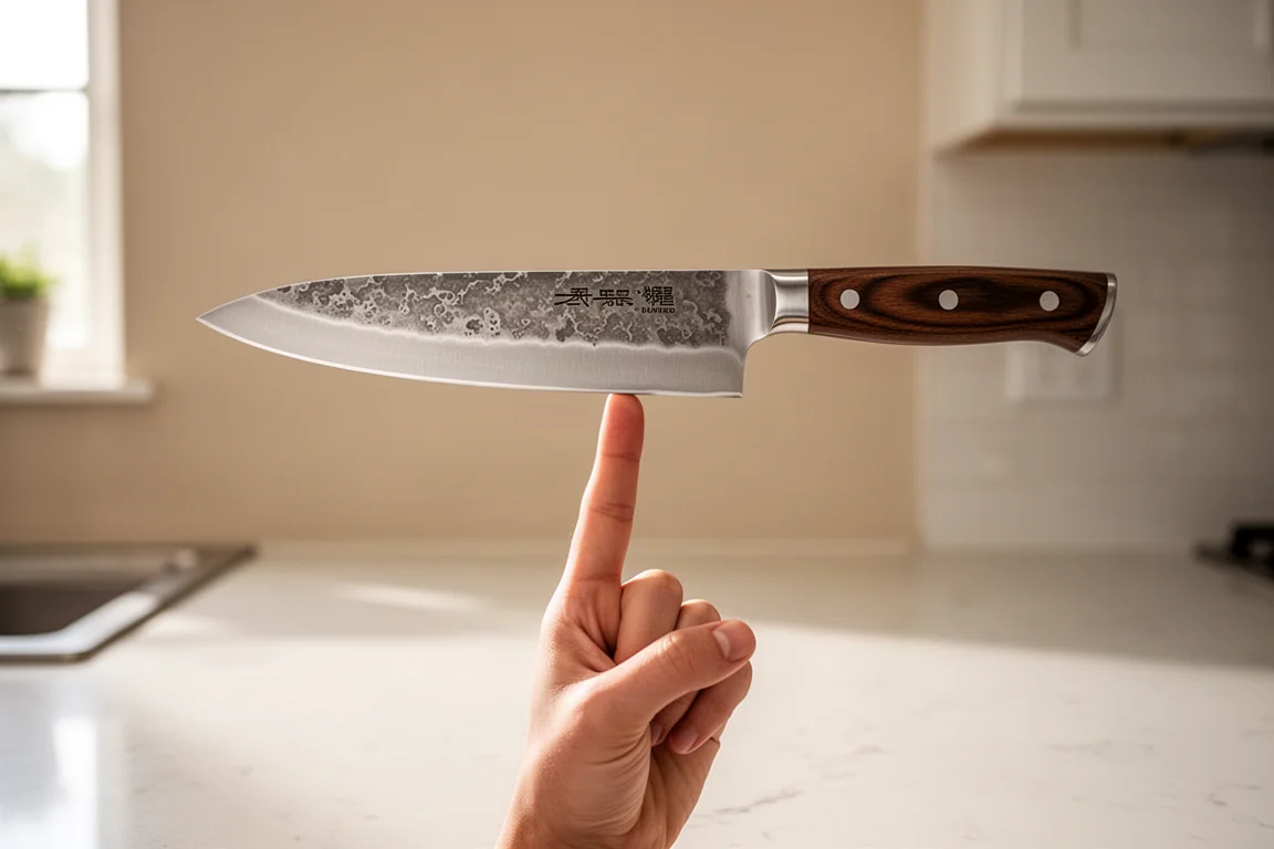 Chef's knife balanced on a fingertip at its balance point above a kitchen counter