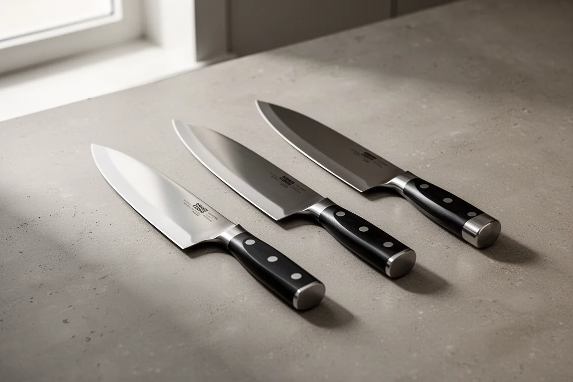 Four German chef's knives lined up on a concrete kitchen surface