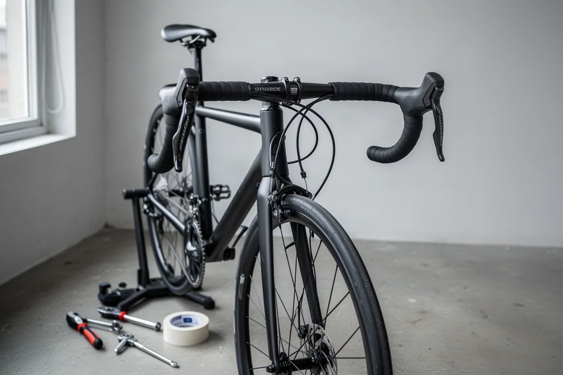 Vélo de route dans un atelier avec un cintre drop étroit installé et des outils à proximité