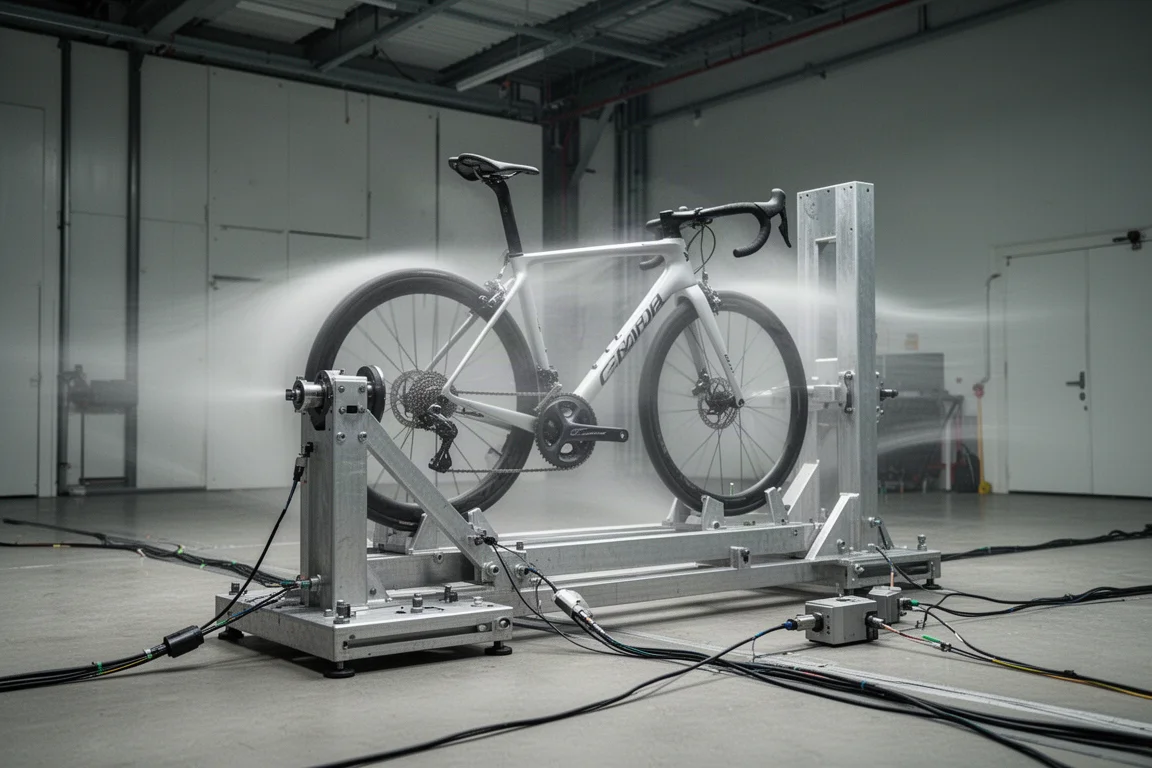 Vélo de route monté sur un banc d'essai en soufflerie dans un hall d'essais industriel
