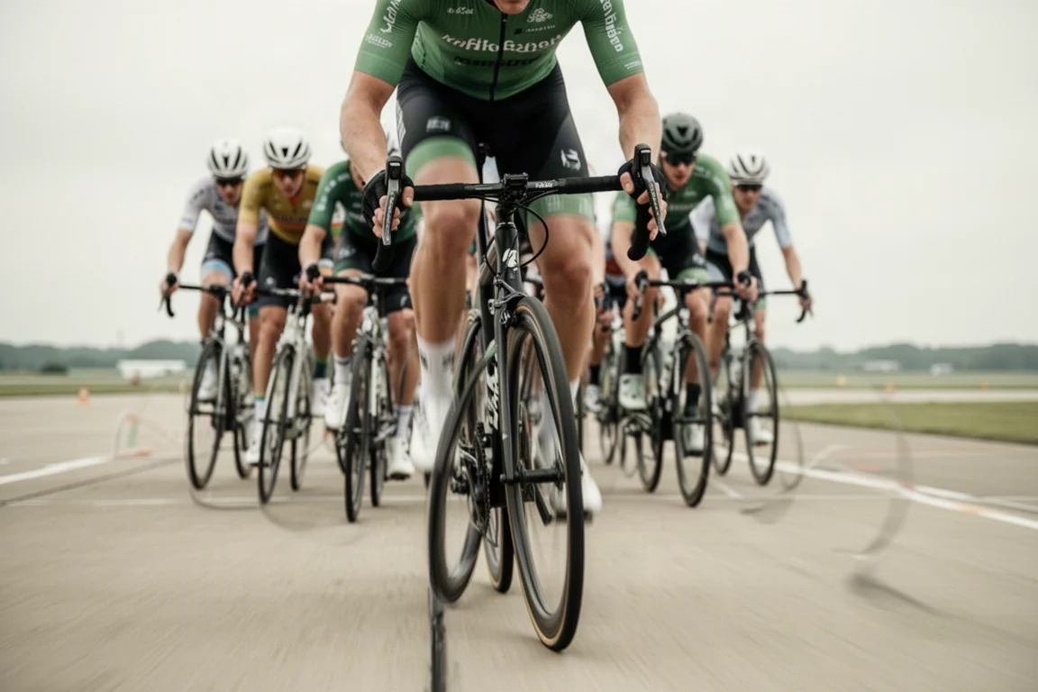 Groupe de cyclistes sur route en course sur un circuit d'aérodrome vu en contre-plongée