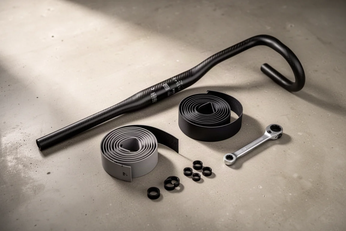 Vue à plat d'un cintre drop étroit, de guidoline et d'outils sur du béton