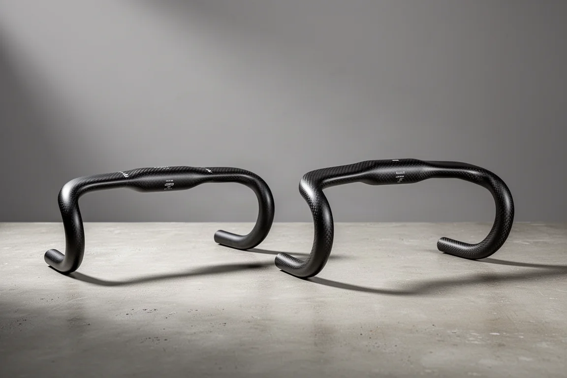 Two narrow carbon road drop handlebars side by side on a concrete surface